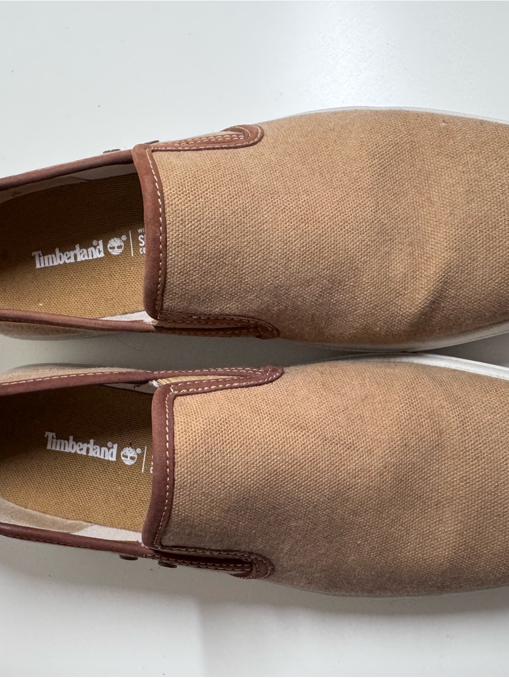 Timberland Men's Slip-On Canvas Boat Shoes in Brown and Tan